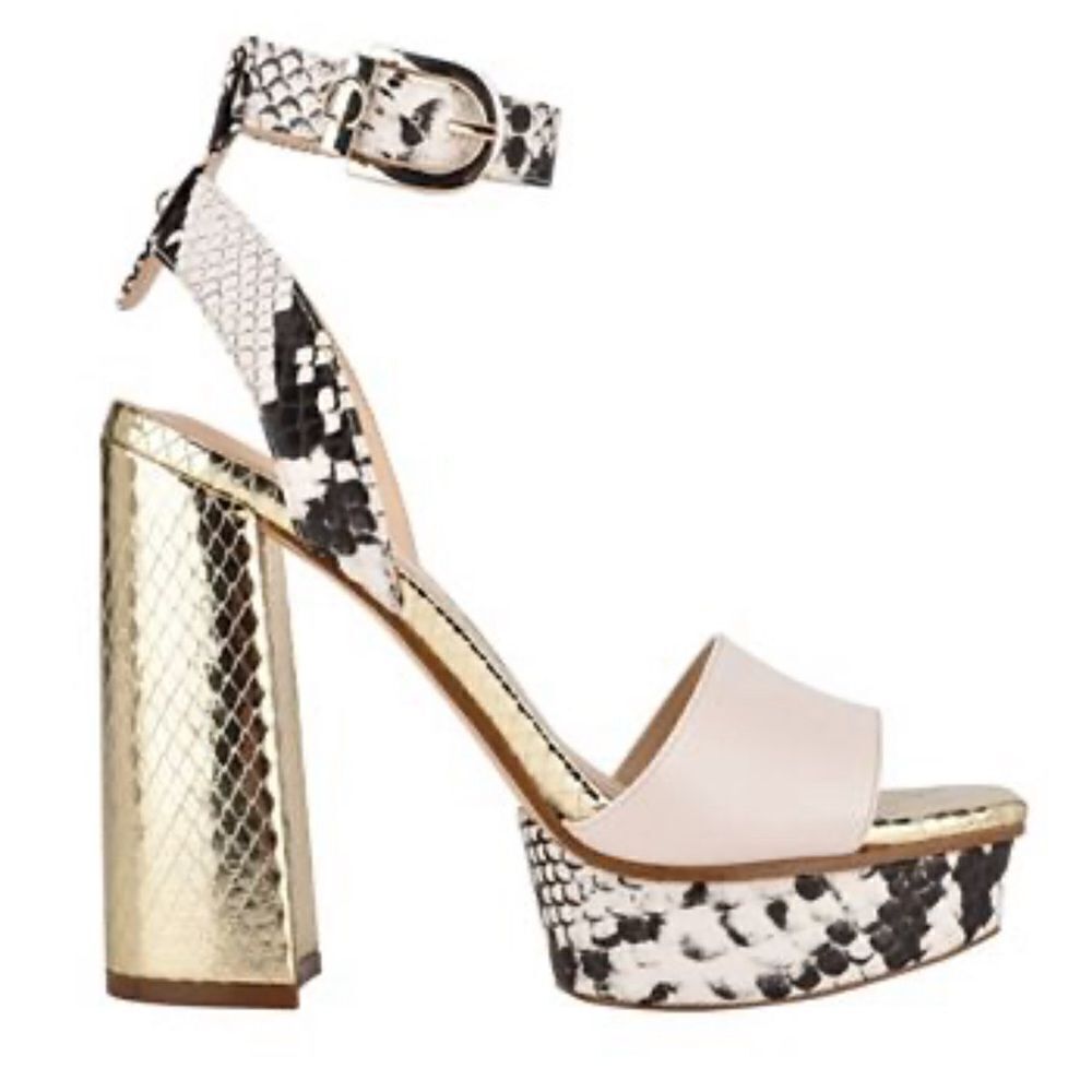 Guess Rippa Python & Gold Platform Strappy Heels … - image 2